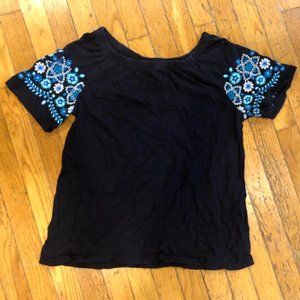 Navy top; Floral Embroidered Sleeves; Talbots (S)